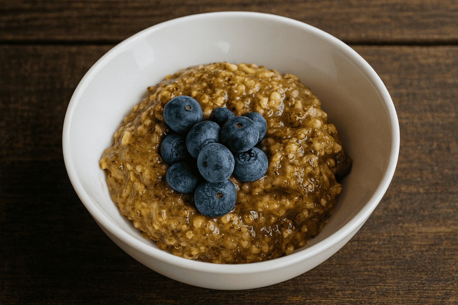 plant based porridge bowl on wood table