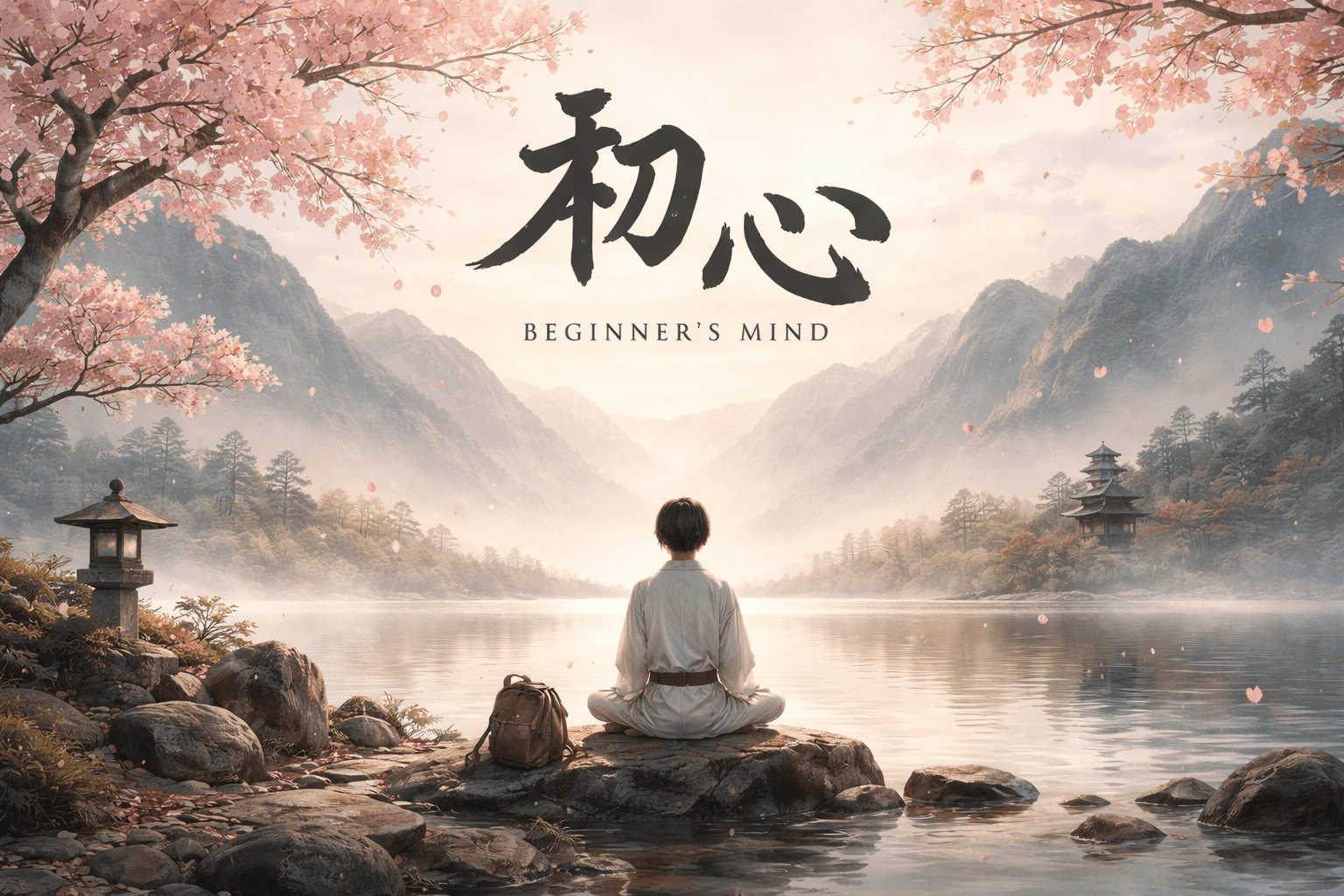 japanese style mountain lake landscape with person sitting in meditation