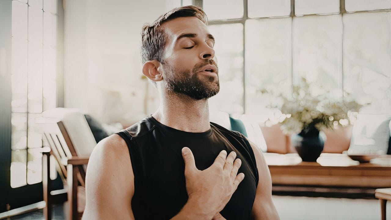 man with hand on heart doing Breath-Based Meditation