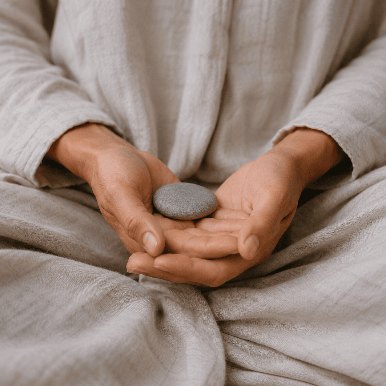 close up of hands in dyani mudra holding a pebble
