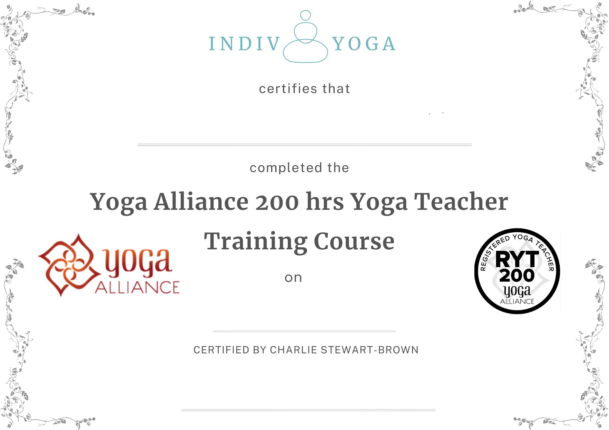 Indiv Yoga 200 hrs yoga teacher training certificate