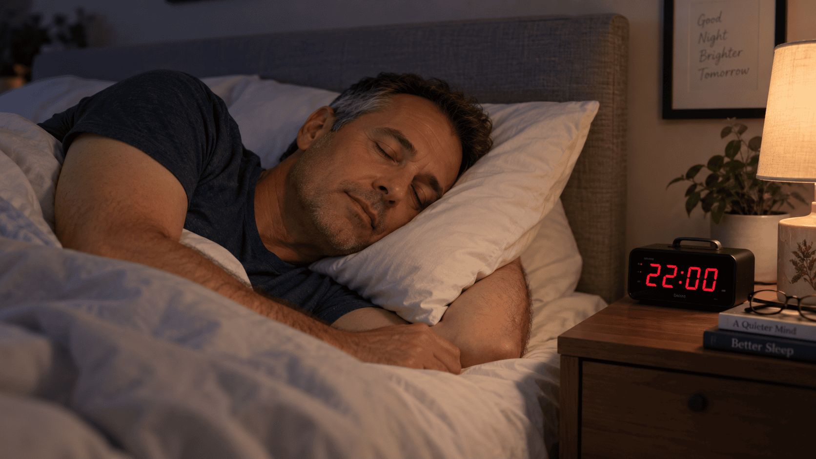 man sleeping soundly with alarm saying 22:00
