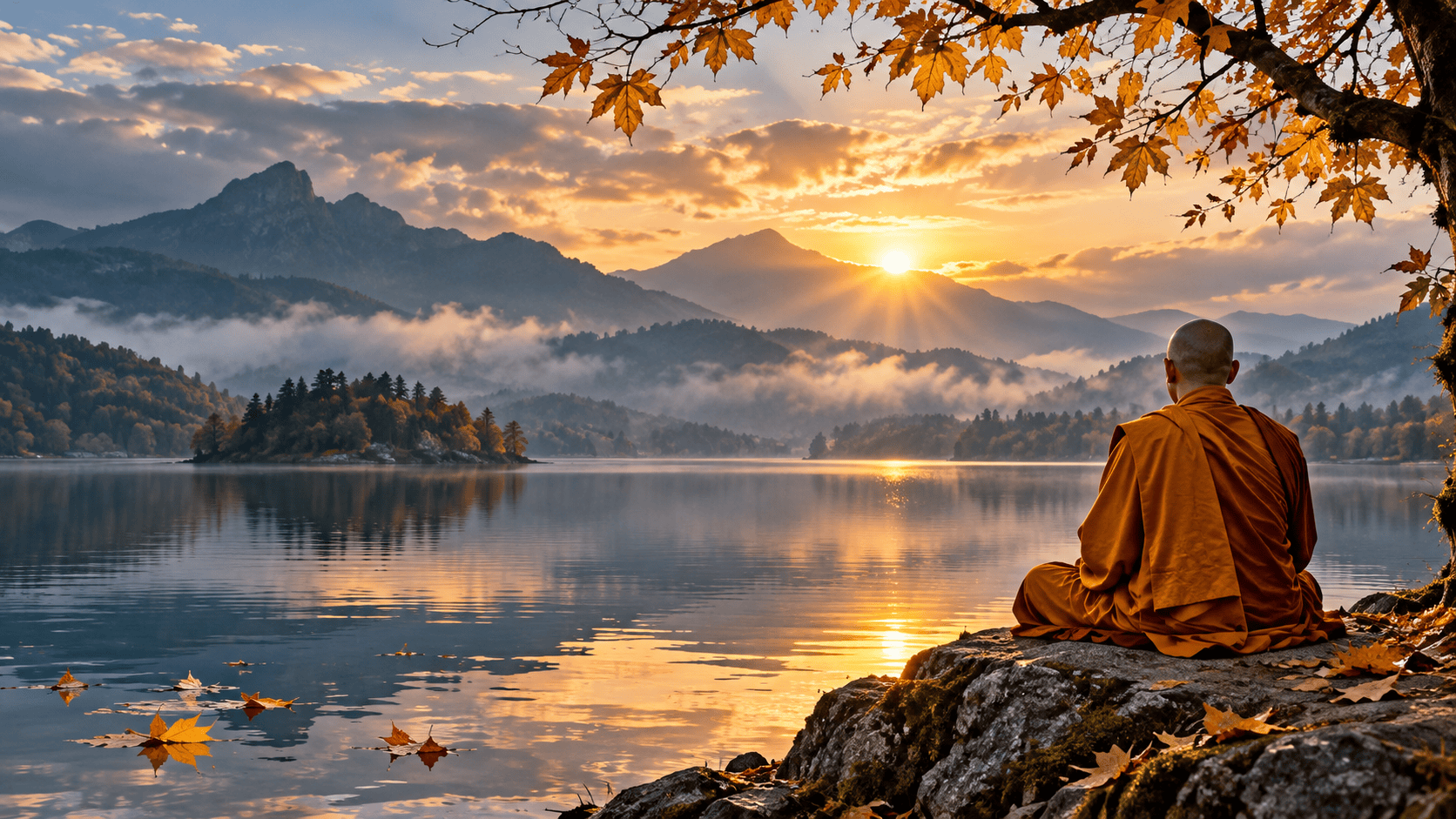 Buddhist monk overlooking a misty mountain lake at sunrise, surrounded by golden autumn leaves.
